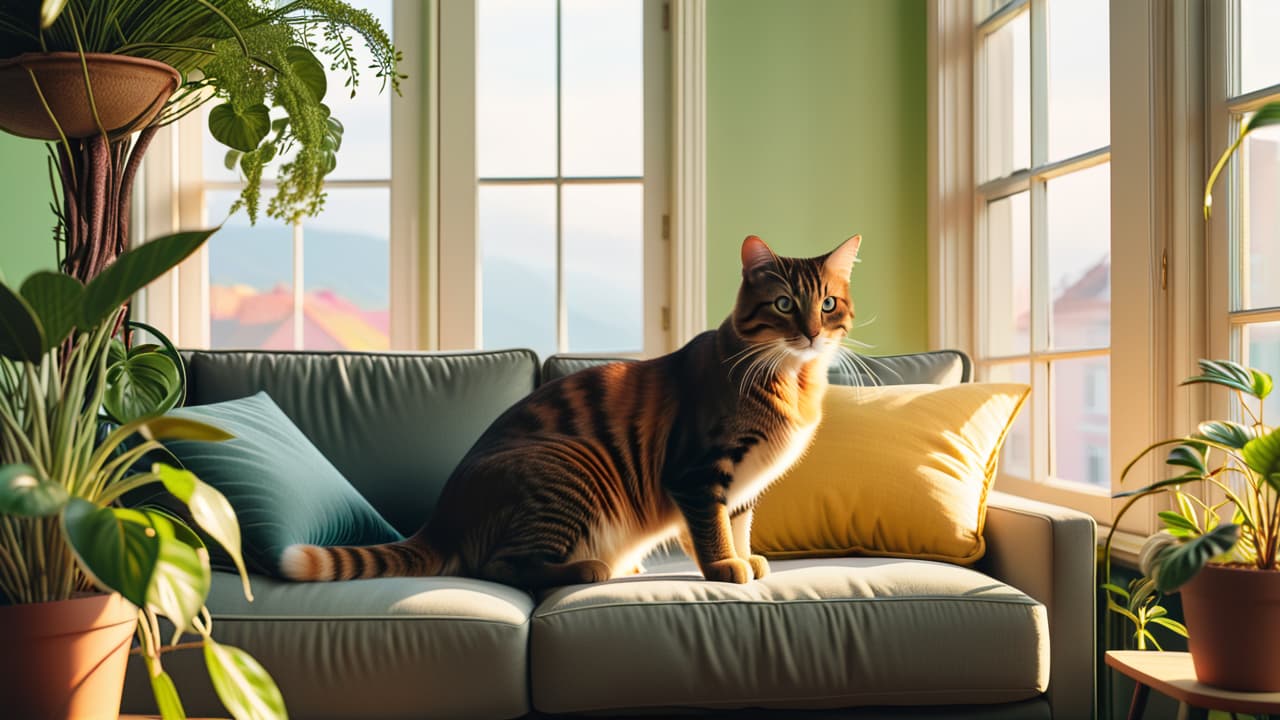  a cozy living room featuring elegant cat furniture: a plush cat tree with soft, pastel cushions, a stylish scratching post, and a sunny window perch, surrounded by houseplants and warm, inviting decor. hyperrealistic, full body, detailed clothing, highly detailed, cinematic lighting, stunningly beautiful, intricate, sharp focus, f/1. 8, 85mm, (centered image composition), (professionally color graded), ((bright soft diffused light)), volumetric fog, trending on instagram, trending on tumblr, HDR 4K, 8K