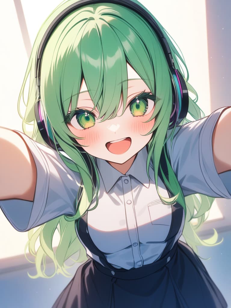  hagakure tohru bangs black clothes black blue clothing collared shirt dress shirt gloves hair between eyes long sleeves mini pleated uniform shirt shirt tucked in short sleeves rolled up sleeves uniform white shirt blush s age eyelashes woman (((with open arms:1.3))) (((i'm feeling excited))) (((headphones:1.3))) green eyes green hair big s medium length hair messy hair short hair teeth upper teeth upper teeth only smirk open mouth open mouth smile one arm outstretched smiling v sign looking at camera one woman alone english language english text text colored eyelashes curly hair ai created