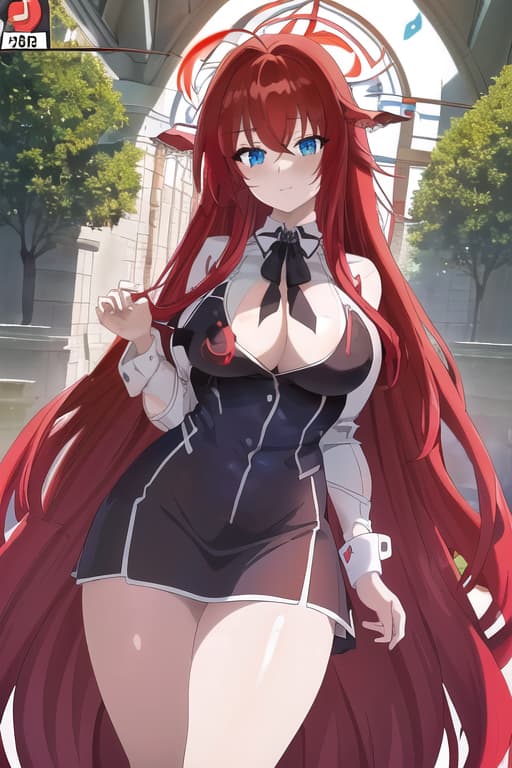   ,masterpiece, best quality, 1women, long red hair, looking at viewer, :3, cute, black uniform, outdoors, streets, cow shot, curvy, (((blue eyes))), rias gremory, red hair, antenna hair, wavy hair, ((beautiful detailed eyes, beautiful detailed glow, lots of glow)), anime screencap