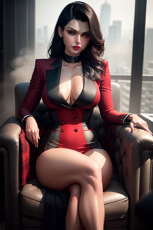  Morena Baccarin, carmin red lips, dark make up, working suit, yellow tartan suit, short , split , stockings, huge s, deep age, armchair, Manhattan rooftop, face view, hyperrealistic, full body, detailed clothing, highly detailed, cinematic lighting, stunningly beautiful, intricate, sharp focus, f/1. 8, 85mm, (centered image composition), (professionally color graded), ((bright soft diffused light)), volumetric fog, trending on instagram, trending on tumblr, HDR 4K, 8K