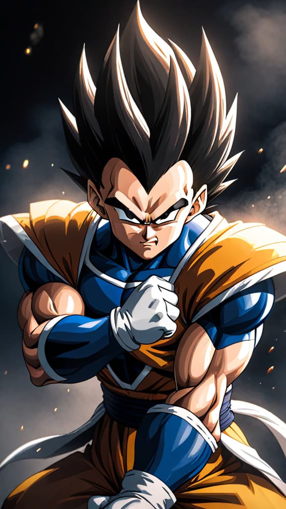  vegeta from dragon ball z training, each punch and kick showing his intense resolve, anime art hyperrealistic, full body, detailed clothing, highly detailed, cinematic lighting, stunningly beautiful, intricate, sharp focus, f/1. 8, 85mm, (centered image composition), (professionally color graded), ((bright soft diffused light)), volumetric fog, trending on instagram, trending on tumblr, HDR 4K, 8K