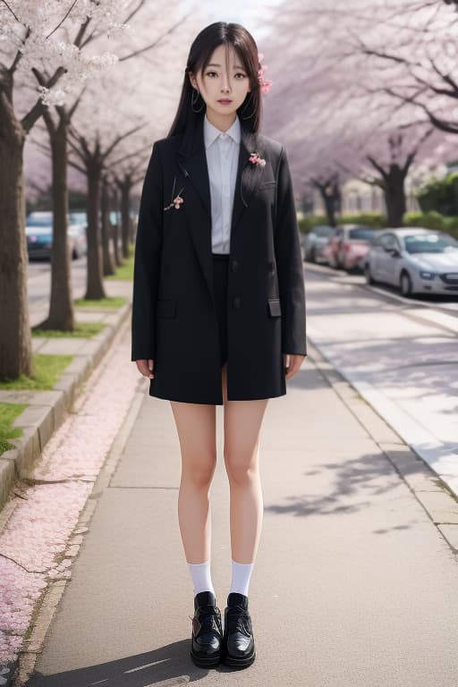  a full body image of a korean with long hair styled with clips, standing under a cherry blossom tree, her face bright with wonder, advertising photo,high quality, good proportion, masterpiece , the image is captured with an 8k camera