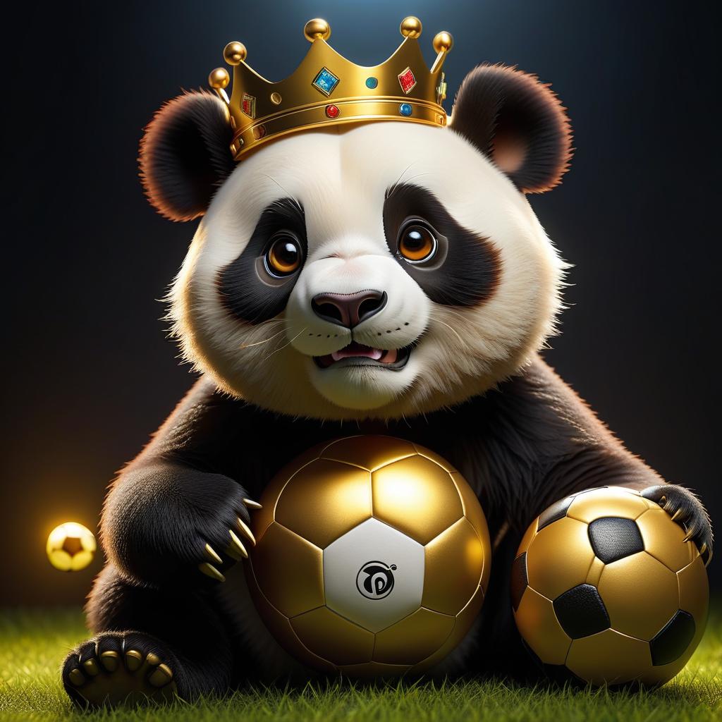  create a golden colored picture in the center of a cartoon brutal panda with a crown on his head playing soccer with a soccer ball on a black background hyperrealistic, full body, detailed clothing, highly detailed, cinematic lighting, stunningly beautiful, intricate, sharp focus, f/1. 8, 85mm, (centered image composition), (professionally color graded), ((bright soft diffused light)), volumetric fog, trending on instagram, trending on tumblr, HDR 4K, 8K