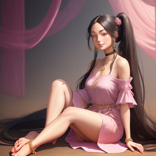  a beautifully detailed digital painting of a with very long black hair styled in a side ponytail, adorned with a delicate erfly hair ornament. she is sitting gracefully, wearing a pink shirt that exposes her bare shoulders and . the girl has one eye closed, giving a look as she gazes at the viewer with parted lips. she wears elegant jewelry including a choker, celet, and anklet, with earrings glimmering in the light. her bare feet rest on the ground, and her outfit subtly reveals her s, contributing to a soft, ethereal vibe. the overall atmosphere is serene and enchanting, enhanced by the intricate details of her hair and accessories.