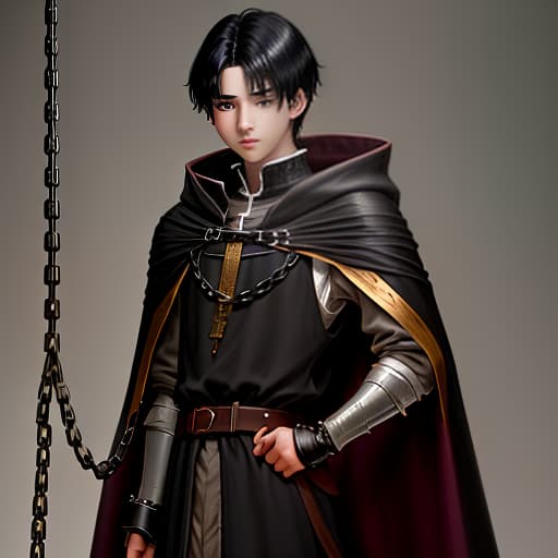  a black haired guy about 17. in a cloak on an iron chain clasp. a slight paleness. brown eyes.