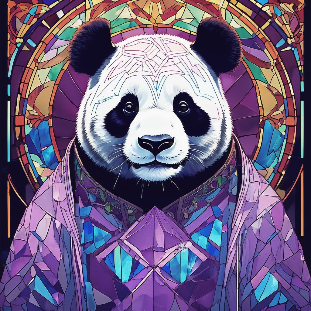  "a portrait of a big full body smiling panda head, viewed from the front, with the panda looking directly into the camera. the pandas head is artistically crafted from stained glass in shades of purple and cyan. the glass is meticulously designed to give the illusion of being shattered, creating an intricate mosaic effect that captures the light and gives the panda body a dynamic, fragmented appearance."