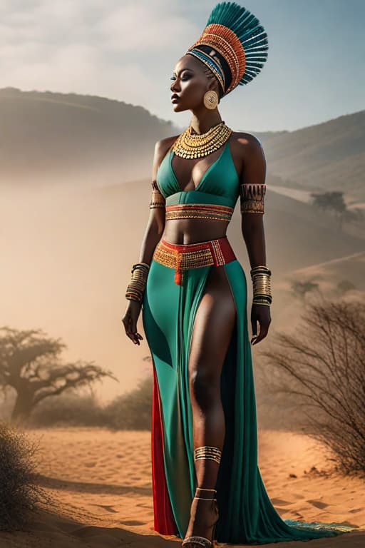  africa hyperrealistic, full body, detailed clothing, highly detailed, cinematic lighting, stunningly beautiful, intricate, sharp focus, f/1. 8, 85mm, (centered image composition), (professionally color graded), ((bright soft diffused light)), volumetric fog, trending on instagram, trending on tumblr, HDR 4K, 8K