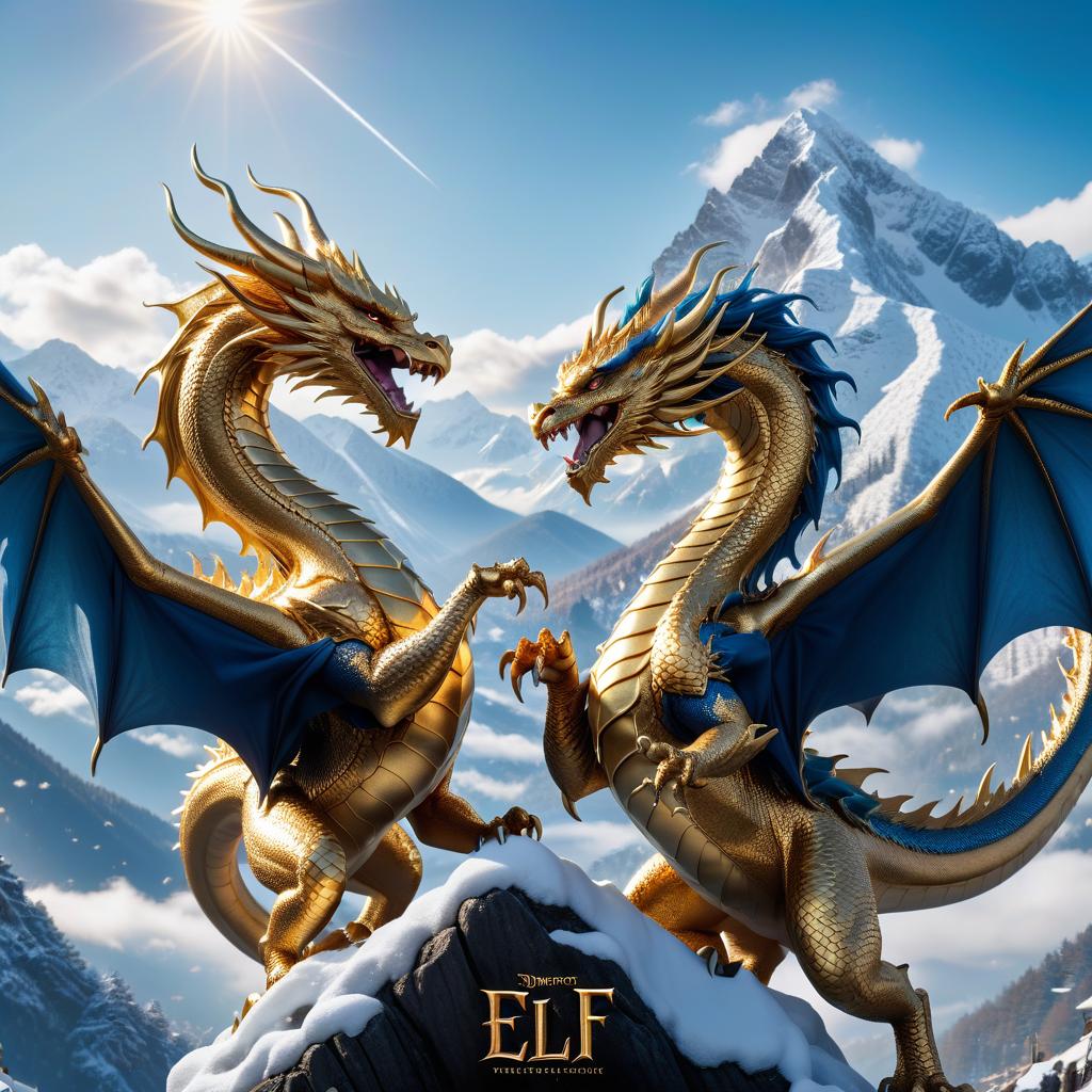  cinematic photo poster. images within frame boundaries. a golden dragon and a blue dragon fight in the sky. at the bottom of the image are mountains covered with snow. the poster says "elf manuscript." clear detail. . 35mm photograph, film, bokeh, professional, 4k, highly detailed, civitai, hkmagic