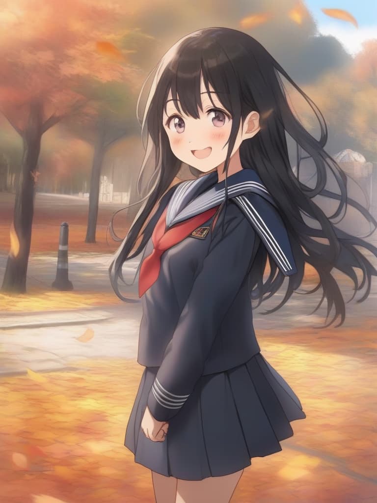  masterpiece,one high school girl,cute,beautiful,delicate black hair,long hair,目を閉じる,happy smile,open mouth,(((wearing black sailor uniform))),flutter about in autumn,(((over hand))),((facefocus)),school yard in background,super high quality,super sensitive,super resolution,16k