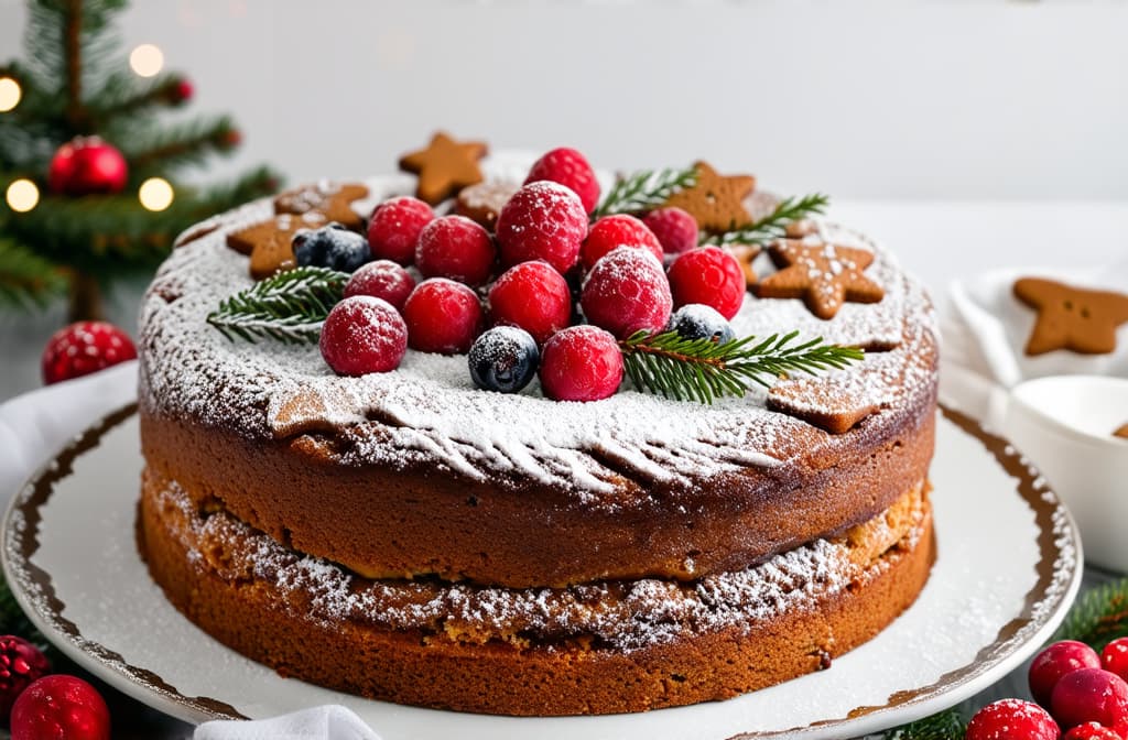  professional detailed photography, festive christmas cake with berries, gingerbread stars and icing sugar frosting ar 3:2, (muted colors, dim colors, soothing tones), (vsco:0.3)