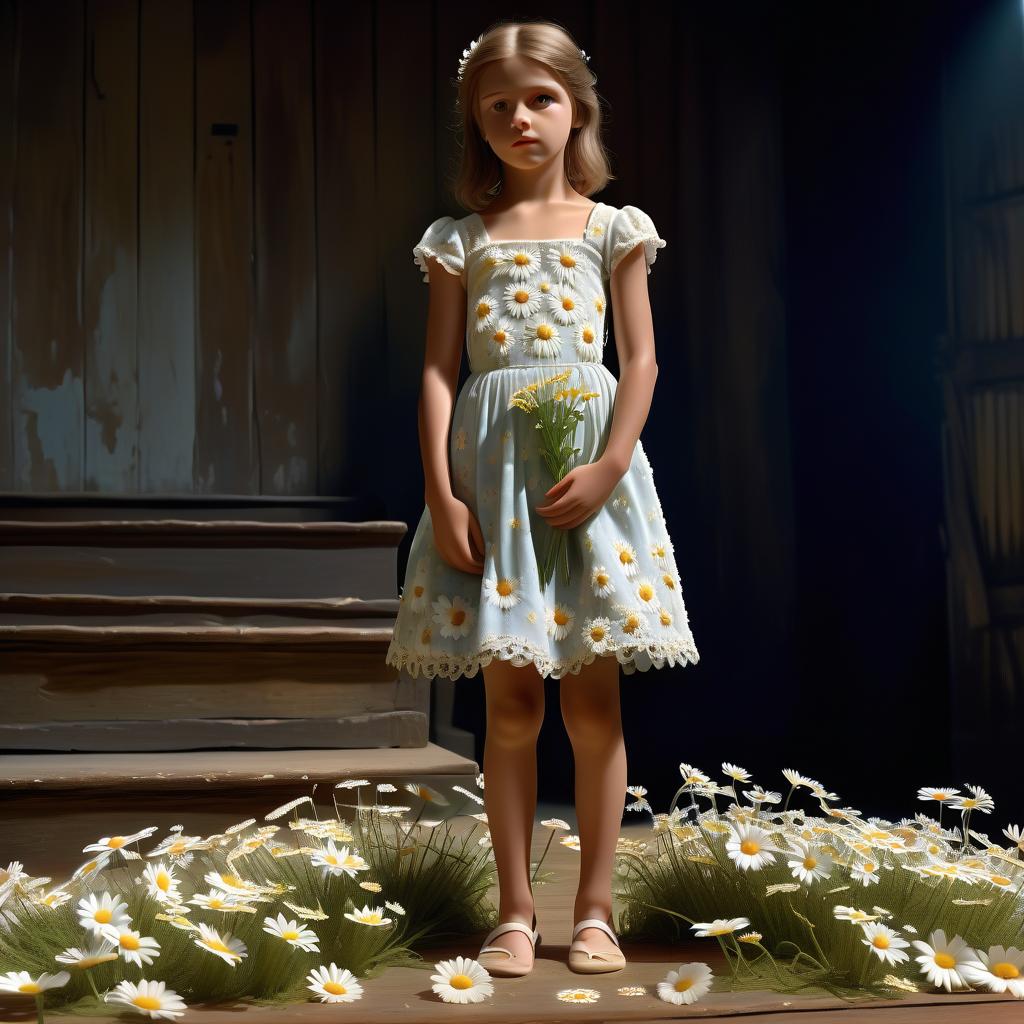  hyperrealistic art the girl in the dress, the dress depicts daisies, the girl herself stands on the old stage. show only her torso, a little leg and part of the scene . extremely high resolution details, photographic, realism pushed to extreme, fine texture, incredibly lifelike, perfect hands