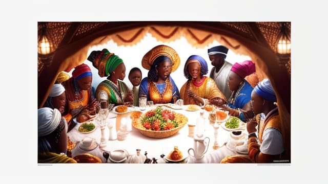  African people eating together, the last supper, , hyperrealistic, high quality, highly detailed, perfect lighting, intricate, sharp focus, f/1. 8, 85mm, (centered image composition), (professionally color graded), ((bright soft diffused light)), trending on instagram, HDR 4K, 8K