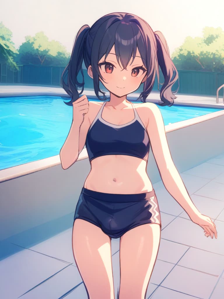  women's elementary students (male), twin tails, cute smiles, (rich s), low stature, dark blue swimwear, old swimwear, swimwear, simple (upward), male , (bulge), front, whole body, pool, pool. side,