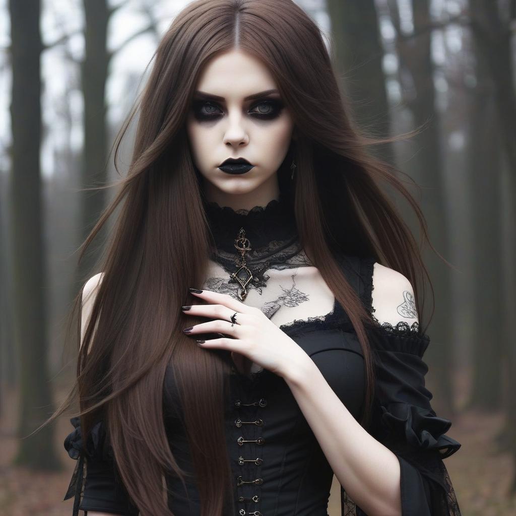  girl, gothic, long brown hair, long black sharp nails