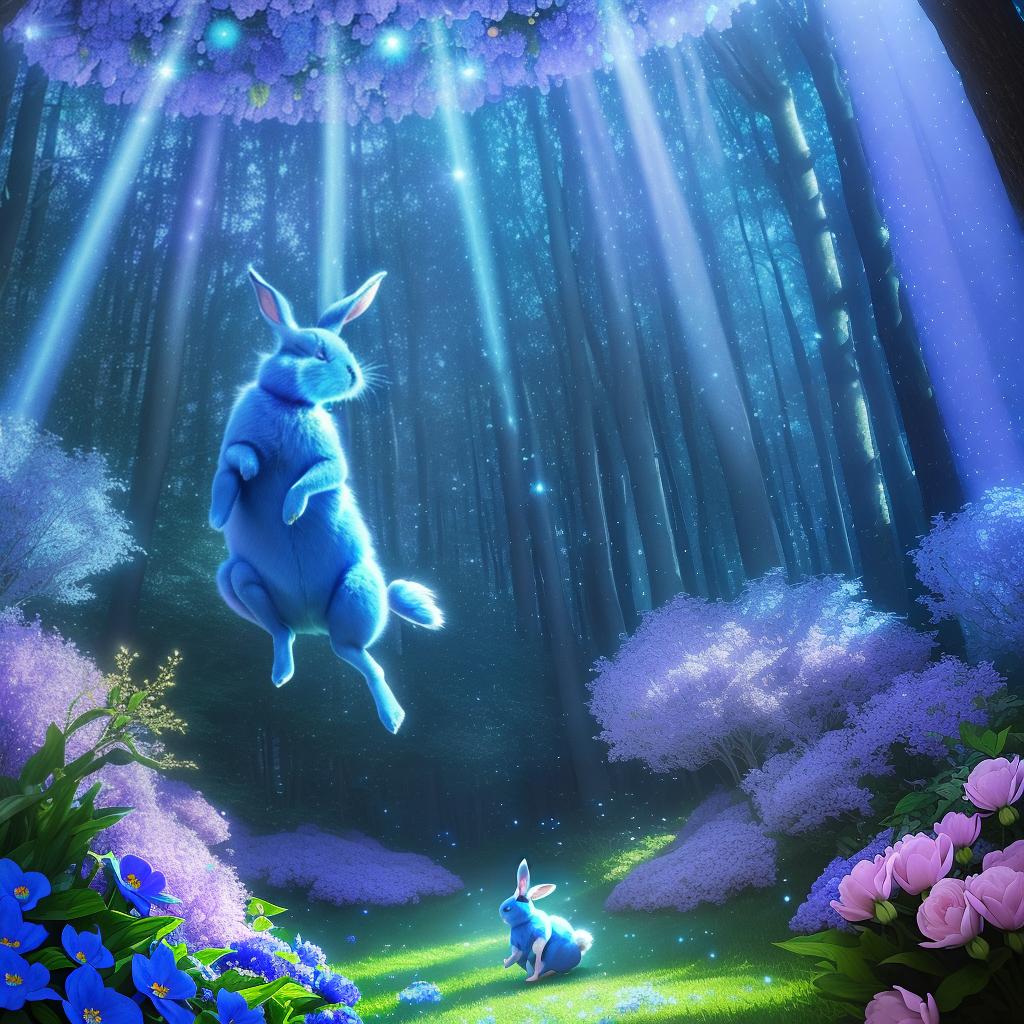  masterpiece, best quality, whimsical scene of a blue rabbit jumping through a magical forest filled with colorful flowers and sparkling fairy lights. The rabbit's fur sparkles in the soft light of the magical environment, creating a sense of wonder and mystery.(Illustration)(Soft magic lights)(presented in dreamlike Disney style animation)