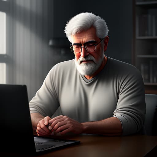  A grey old programmer sits at his computer. On him, a large t shirt with the inscription "KUDRYAVCEV". In the background, military drones fly. He celebrates his birthday., Photorealistic, Hyperrealistic, Hyperdetailed, analog style, demure, detailed skin, pores, smirk, smiling eyes, matte skin, soft lighting, subsurface scattering, realistic, heavy shadow, masterpiece, best quality, ultra realistic, 8k, golden ratio, Intricate, High Detail, film photography, soft focus hyperrealistic, full body, detailed clothing, highly detailed, cinematic lighting, stunningly beautiful, intricate, sharp focus, f/1. 8, 85mm, (centered image composition), (professionally color graded), ((bright soft diffused light)), volumetric fog, trending on instagram, trending on tumblr, HDR 4K, 8K