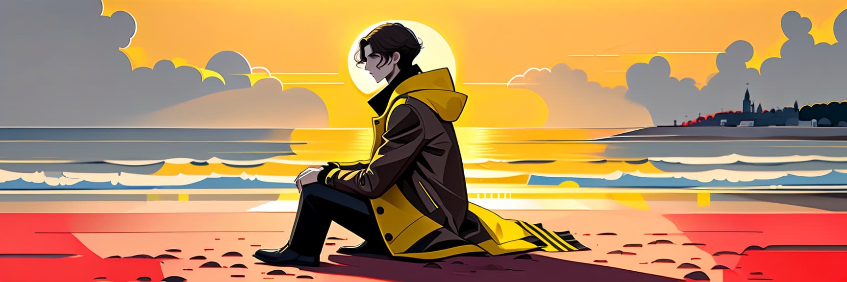  architectural style a young man sits on a chair on the beach. he has long dark brown hair that gently falls on his shoulders, and his face, with jewish and slavic features, exudes calmness with brown eyes. he is dressed in a bright yellow coat that immediately attracts attention and contrasts with the surrounding landscape. under the coat is a black shirt, and black pants are additionally decorated with yellow elements, creating a harmonious and stylish image. the sun sets over the horizon, shrouding everything around in red shades, and bright red stripes lie on the surroundings contrasting with the darkness and creating a magical atmosphere. . clean lines, geometric shapes, minimalist, modern, architectural drawing, highly detailed