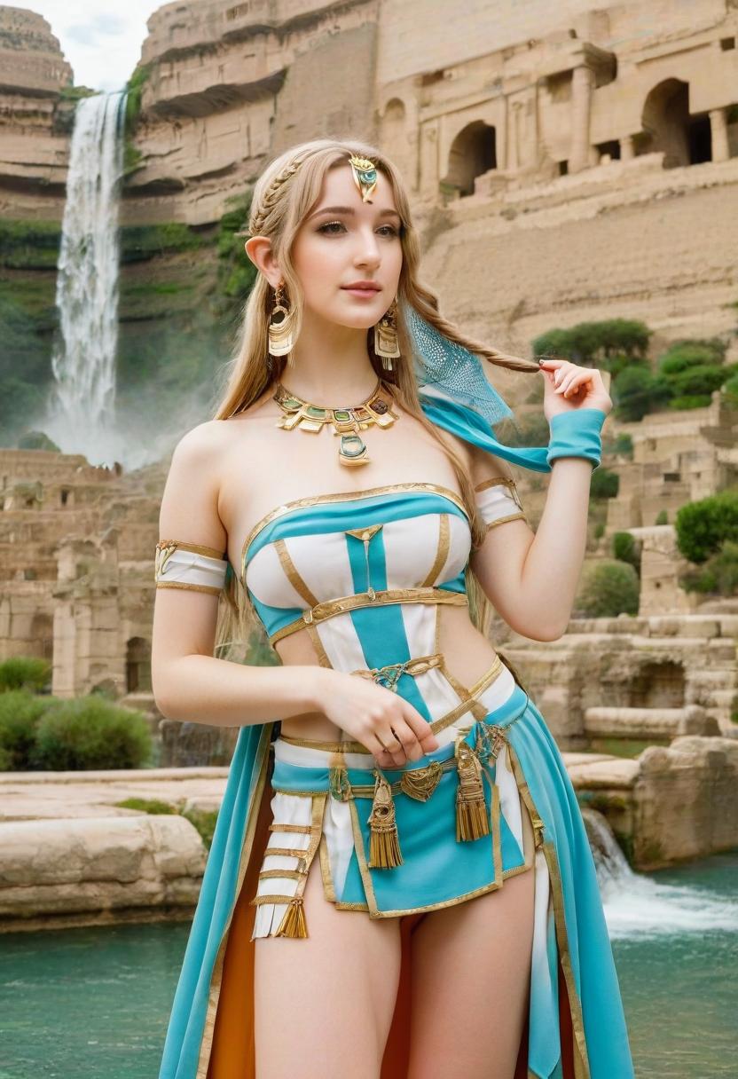  kawaii style full growth cosplay of an elf fit girl, a fair haired girl similar to dani daniels, she's wearing outfit in the mix of ancient egypt and rome style, beautiful earrings, twiggy makeup, a waterfall in the background. . cute, adorable, brightly colored, cheerful, anime influence, highly detailed, film photography style