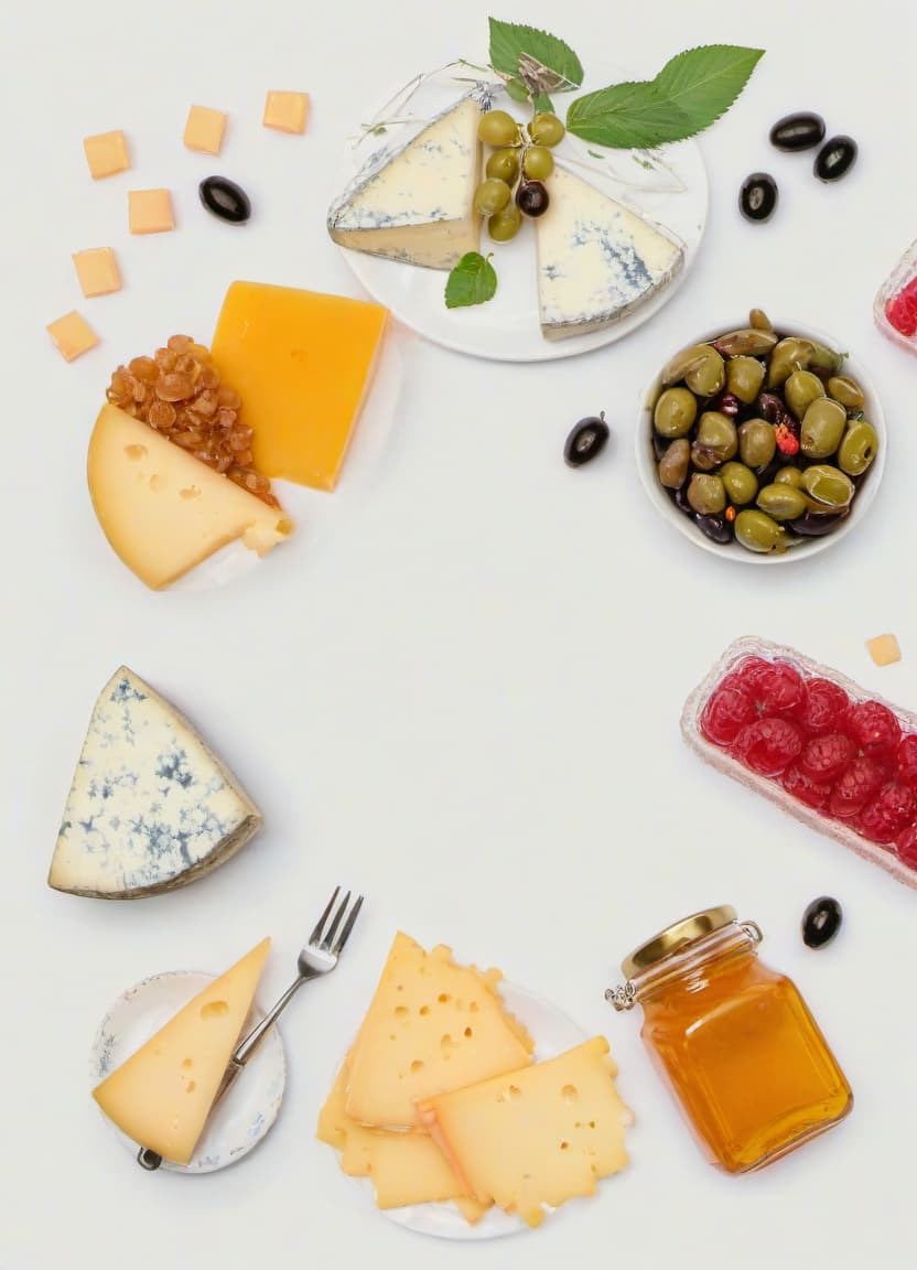  a beautiful composition of several types of cheese on the table, as well as honey and raspberry jam, several raspberries and olives, film photography style