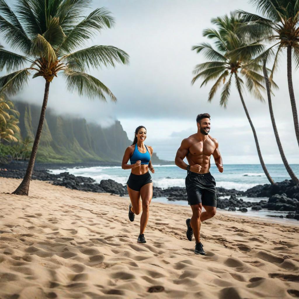  happy excited people working out on the beach in hawaii hyperrealistic, full body, detailed clothing, highly detailed, cinematic lighting, stunningly beautiful, intricate, sharp focus, f/1. 8, 85mm, (centered image composition), (professionally color graded), ((bright soft diffused light)), volumetric fog, trending on instagram, trending on tumblr, HDR 4K, 8K