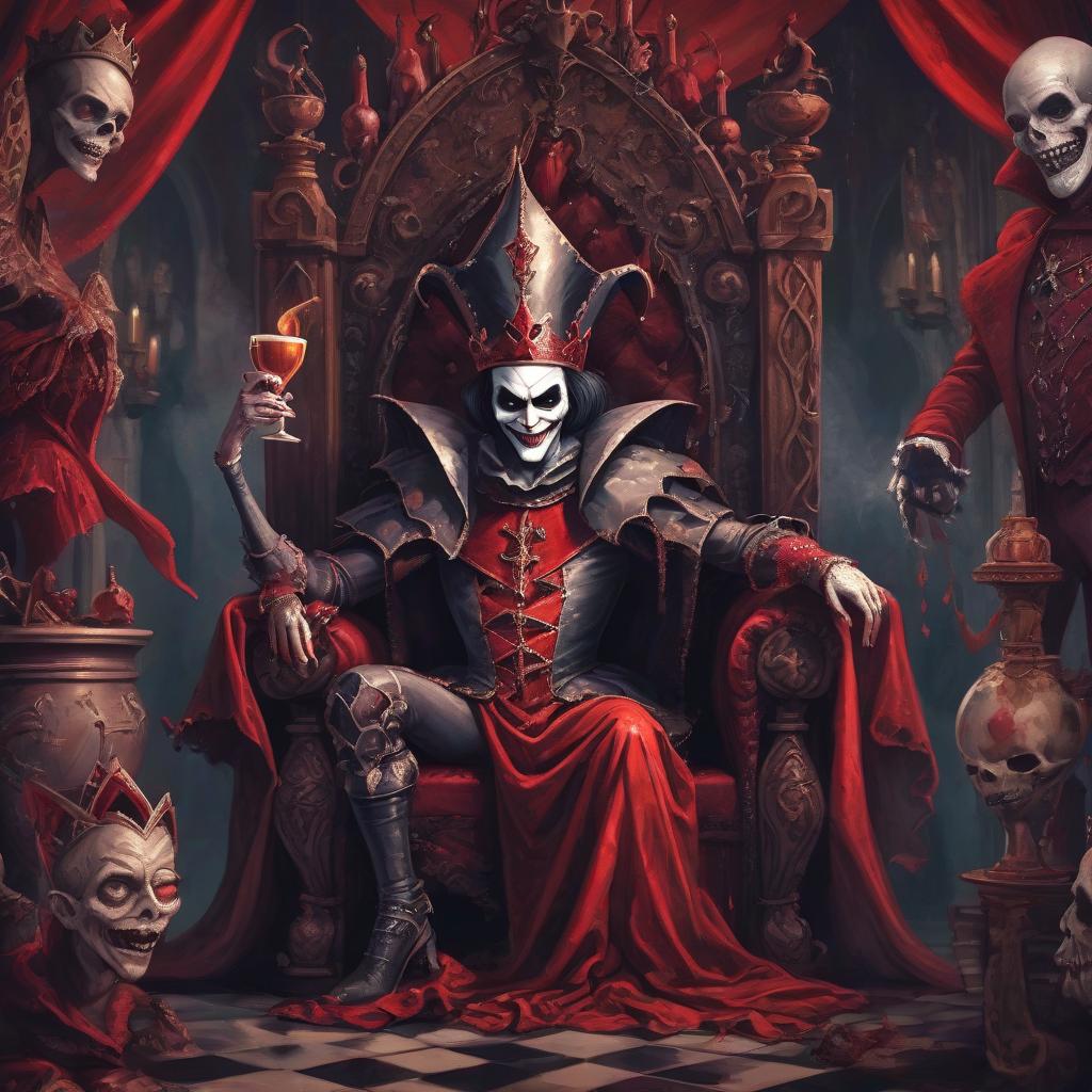  macabre style the court jester on the background of the throne with an evil smile, and behind him sits the scarlet queen, who threw her feet on the throne, in the hands of the queen of a cup of wine . dark, gothic, grim, haunting, highly detailed