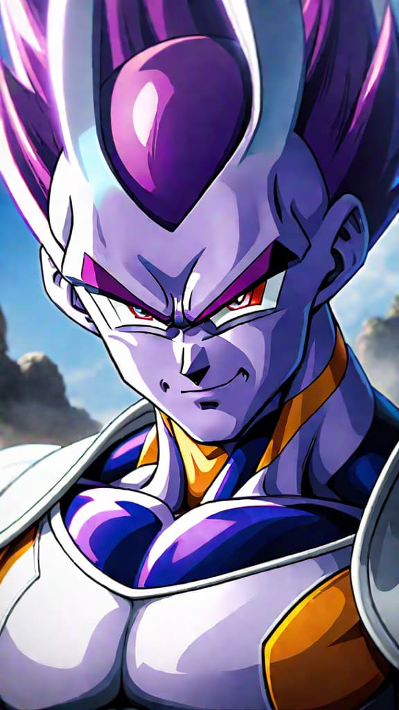  anime art: frieza from dragon ball despises saiyans, finding beerus's order to destroy planet vegeta convenient. hyperrealistic, full body, detailed clothing, highly detailed, cinematic lighting, stunningly beautiful, intricate, sharp focus, f/1. 8, 85mm, (centered image composition), (professionally color graded), ((bright soft diffused light)), volumetric fog, trending on instagram, trending on tumblr, HDR 4K, 8K