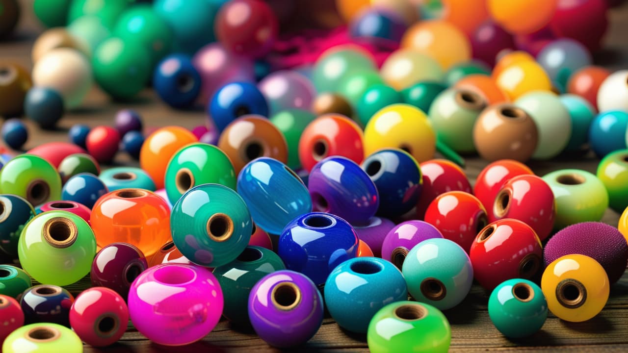  a vibrant array of colorful beads in various shapes and sizes, scattered alongside intricate beadwork tools like needles, threads, and a wooden beading loom, all displayed on a textured fabric background. hyperrealistic, full body, detailed clothing, highly detailed, cinematic lighting, stunningly beautiful, intricate, sharp focus, f/1. 8, 85mm, (centered image composition), (professionally color graded), ((bright soft diffused light)), volumetric fog, trending on instagram, trending on tumblr, HDR 4K, 8K