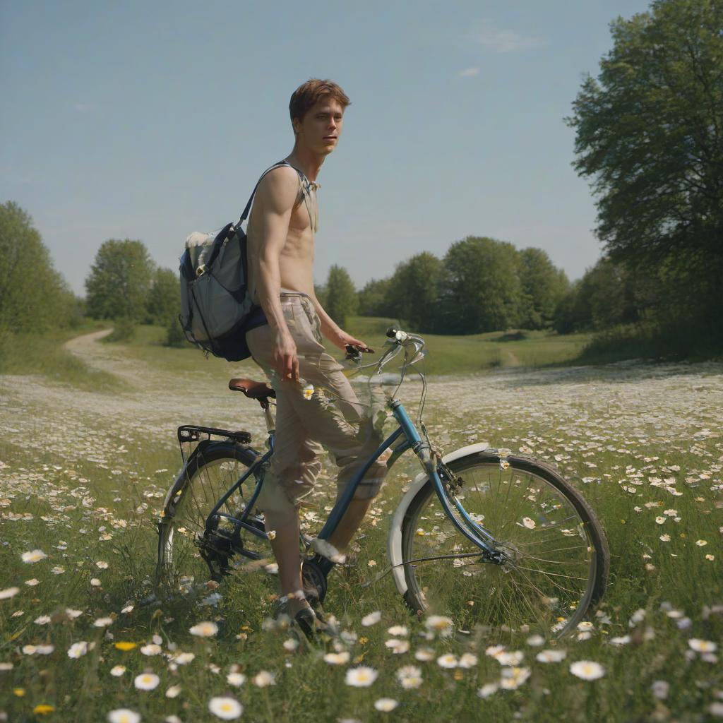  a young man in a meadow with daisies walks with a bicycle