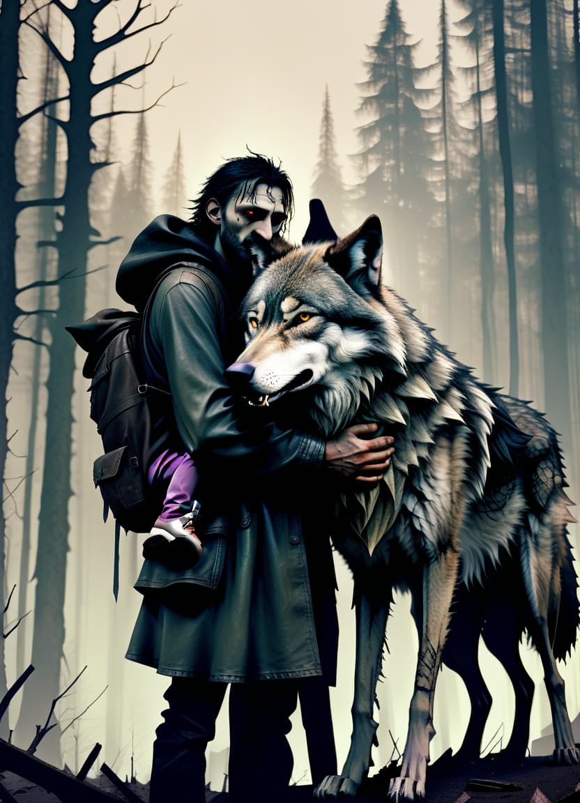  dystopian style make him a witch, he hugs his daughter, he's got a familial wolf, behind him is a forest. . bleak, post apocalyptic, somber, dramatic, highly detailed