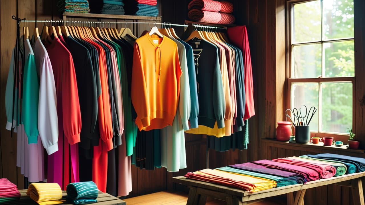  a vibrant display of unique upcycled clothing hanging on rustic wooden racks, surrounded by colorful fabric scraps and sewing tools, with soft natural light streaming in, creating an inviting and eco friendly marketplace atmosphere. hyperrealistic, full body, detailed clothing, highly detailed, cinematic lighting, stunningly beautiful, intricate, sharp focus, f/1. 8, 85mm, (centered image composition), (professionally color graded), ((bright soft diffused light)), volumetric fog, trending on instagram, trending on tumblr, HDR 4K, 8K