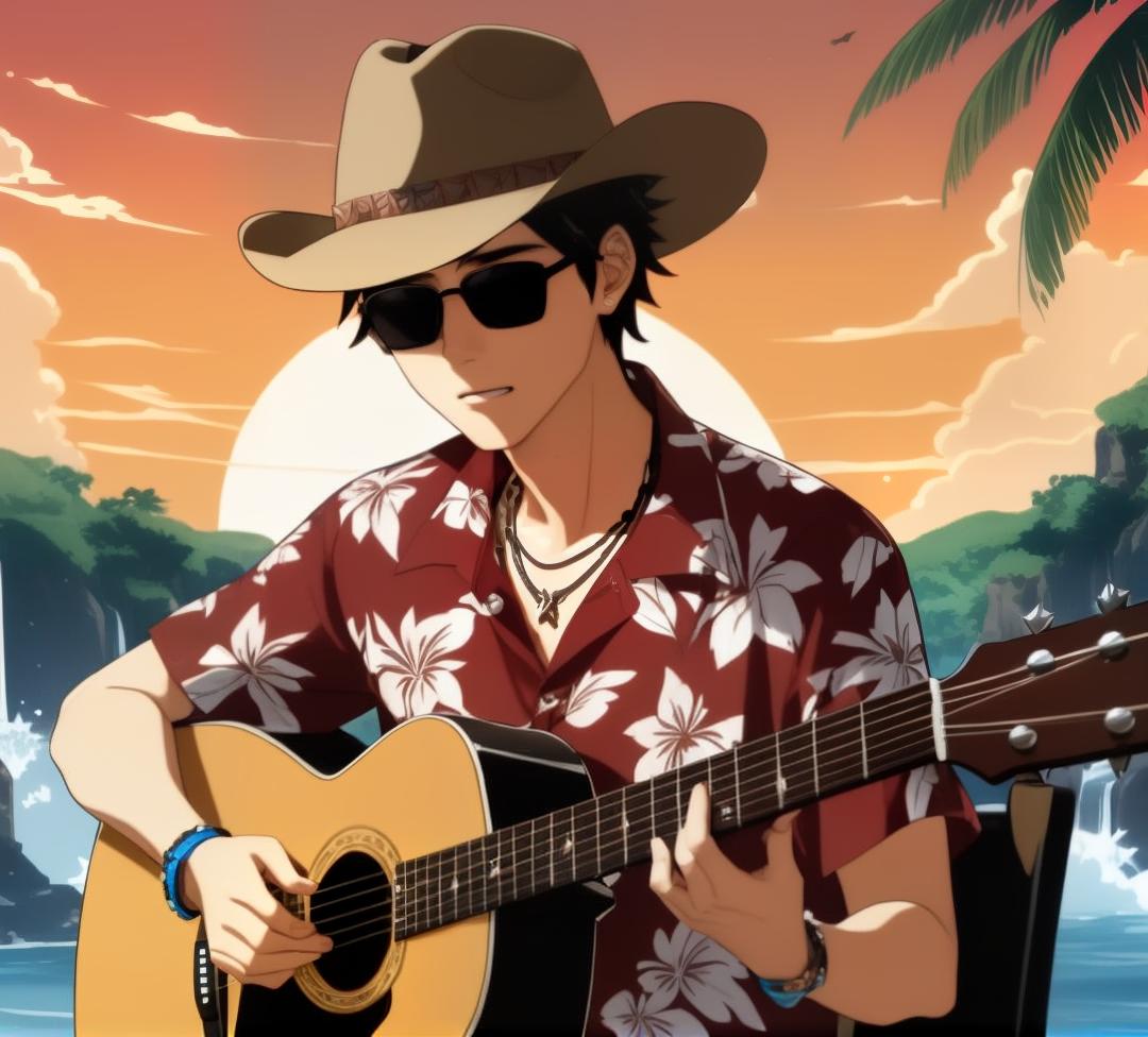  a 17-year old male musician with magical wind and water manipulation powers with short spiky dark red hair, blue eyes, and sunglasses wearing a dark brown Hawaiian shirt with a floral pattern, khaki shorts, flip-flops, a necklace, a tattoo on his left forearm, and a brown western cowboy hat playing a guitar on the beach with a waterfall with an angry expression on his face., ((best quality)), ((masterpiece)), highly detailed, absurdres, HDR 4K, 8K