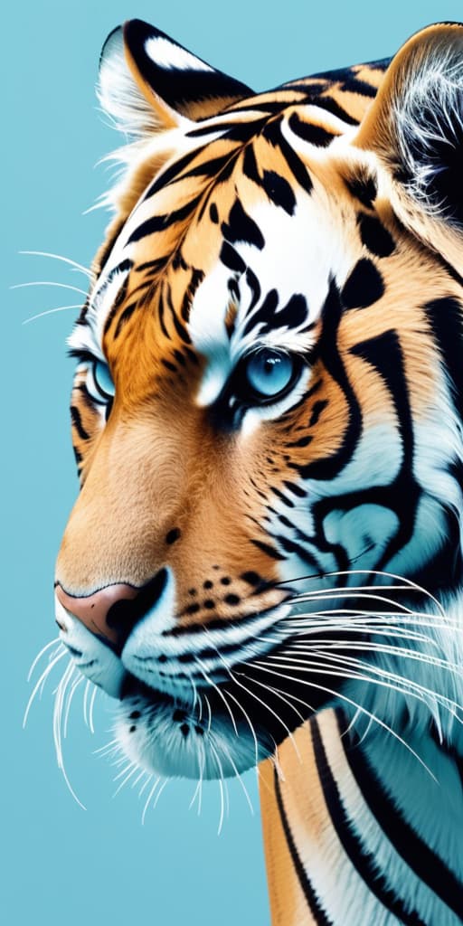  minimalism, a tiger. the tiger's body is curvy. with a light blue background, abstract, simple geometic shapes, hard edges, sleek contours, minimalism