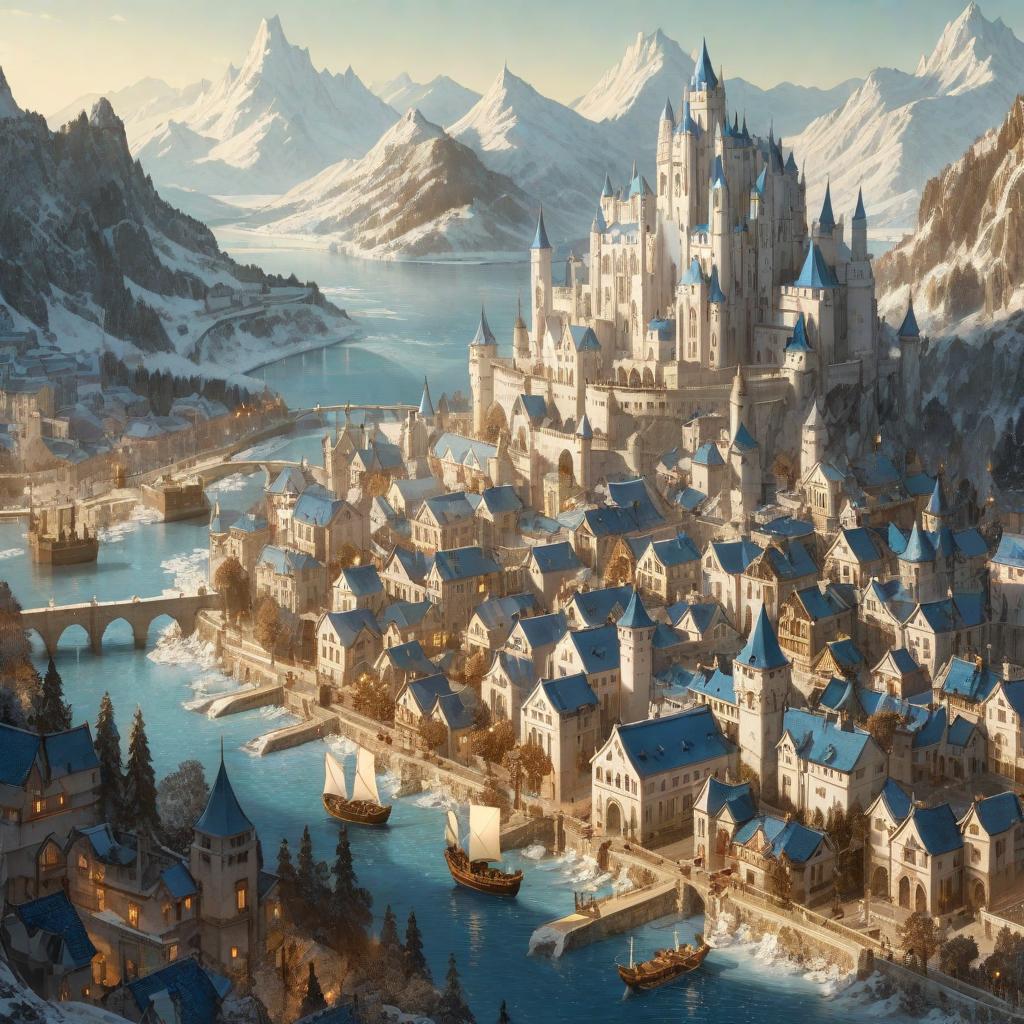  manga artwork city with a river and white houses and blue roofs, it has a big castle in a terrace and a great lake in the background, with icy moutains. anime rpg style . manga artist. manga, highly emotional. best quality, high resolution