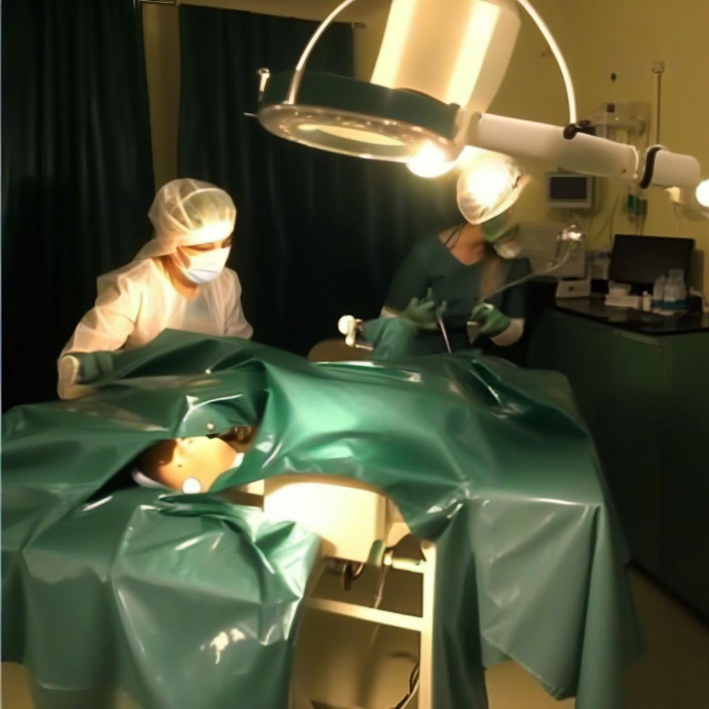  women surgeons mistresses, dressing glossy latex dark green, surgical operation, up ceiling mounted surgical light, down table with surgical instruments