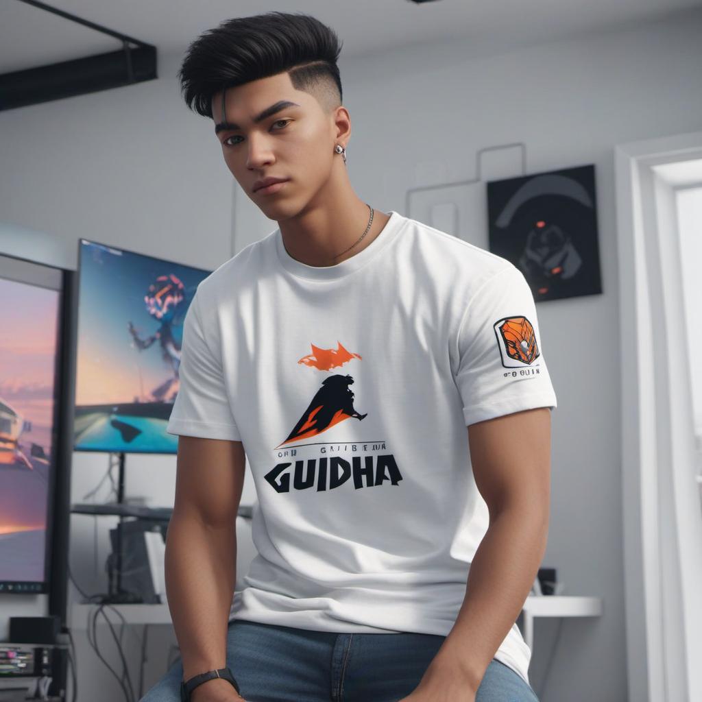  youngster male with short fade haircut sitting in his gaming room wearing a plain white t shirt . his name “guudha” is written on the wall in led , cyberpunk style