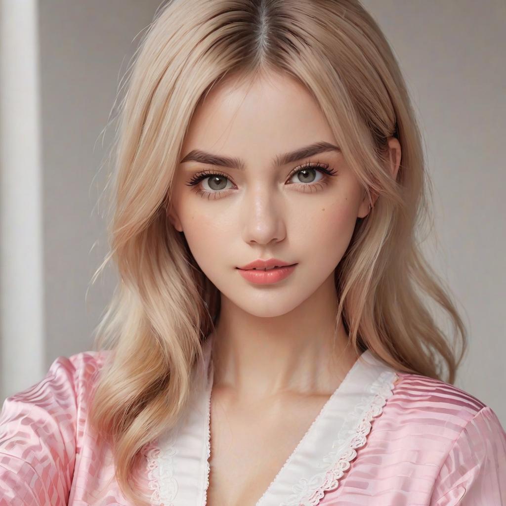  blond young woman with a pink pajamas on, selfie photo realistic, highly intricate and detailed, masterpiece, ultra high res,photography,8k resolution