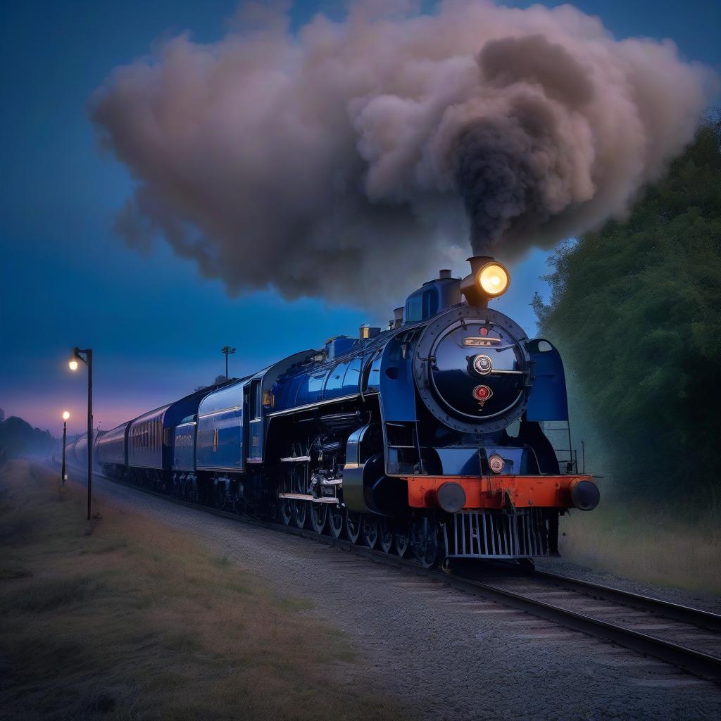  a vintage super steam locomotive in the blue twilight.