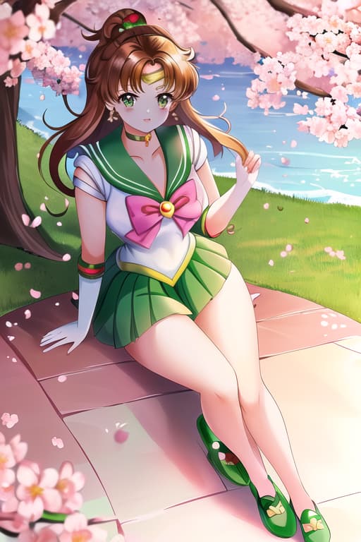  young women,full body,(sailor jupiter:1.3), (masterpiece), (highest quality), (intricate), (high detail),cherry blossom, relaxing under a cherry blossom tree, summer day, masterpiece, best quality, high quality, solo