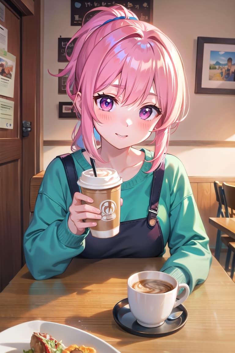  r 18, , middle , ,random situation, pink haired ,ponytail,large eyes,selfie in a cozy cafe, holding a latte, casual outfit