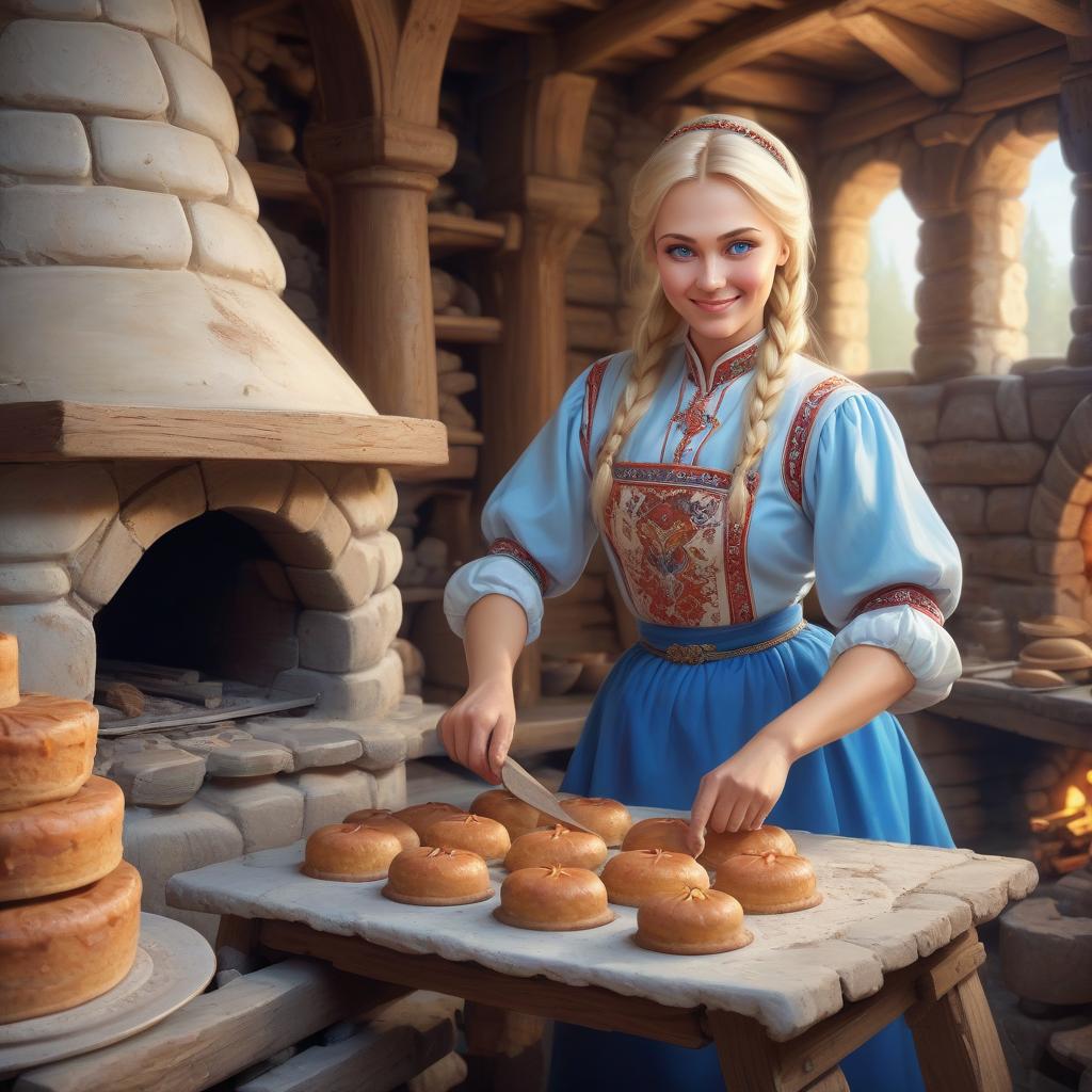  masterpiece, the best quality, a russian woman in traditional clothes prepares cakes in a stone oven, a very light smile, tense, piercing eyes, blue eyes, flowing blond hair, dressed in a traditional russian outfit, cooks in the open air, inside a wooden castle, against the background of an ancient russian throne room in a wooden castle, cartoon style, cute, modernism,