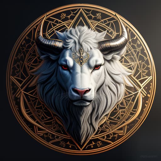  the personal logo features a powerful representation of a zodiacal taurus' head, symbolizing strength and determination, the bull's eyes are reflecting the individual's unwavering focus and courage, the logo is placed in the center of zodiacal circle hyperrealistic, full body, detailed clothing, highly detailed, cinematic lighting, stunningly beautiful, intricate, sharp focus, f/1. 8, 85mm, (centered image composition), (professionally color graded), ((bright soft diffused light)), volumetric fog, trending on instagram, trending on tumblr, HDR 4K, 8K