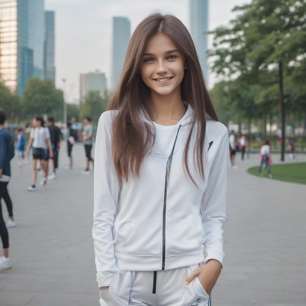  modern city park, elegant 2, elf, white sports top, black shorts, oval face, long hair ided into a complicated id hairstyle, neat small slightly triangular ears, toned straight posture, sweet friendly smile, close up, professional photo, high resolution, high detail, realistic