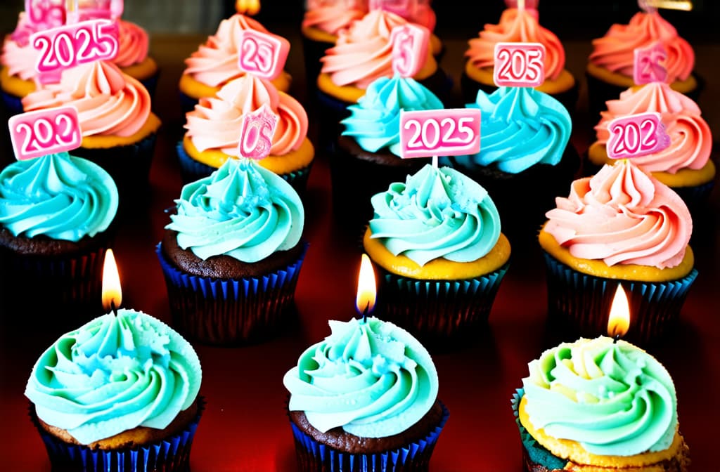  delicious buttercream frosted cupcakes topped with 2025 candles. ar 3:2 {prompt}, maximum details