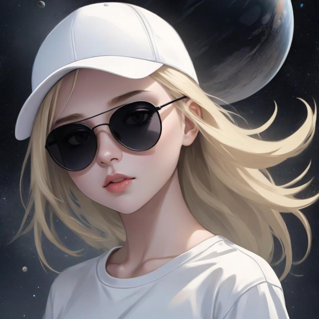  blonde girl in a white t shirt, dark sunglasses and a white cap, space