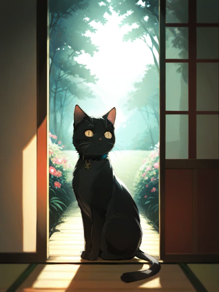  1cat ,japanese cat,nature,animal focus,looking outside from the japanese style room,cosmos field ,cat sitting on the porch ,full moon night,