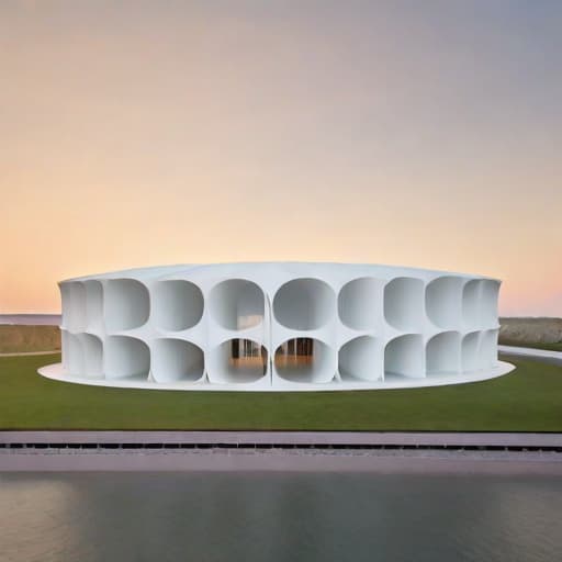  pavilion, modern architecture, shaped like a toilet paper roll, soft paper material, cardboard core, cylindrical form with central void, repetitive layers, spiraling pattern, featuring repetition, rotation, layering, minimalistic and utilitarian aesthetics hyperrealistic, full body, detailed clothing, highly detailed, cinematic lighting, stunningly beautiful, intricate, sharp focus, f/1. 8, 85mm, (centered image composition), (professionally color graded), ((bright soft diffused light)), volumetric fog, trending on instagram, trending on tumblr, HDR 4K, 8K