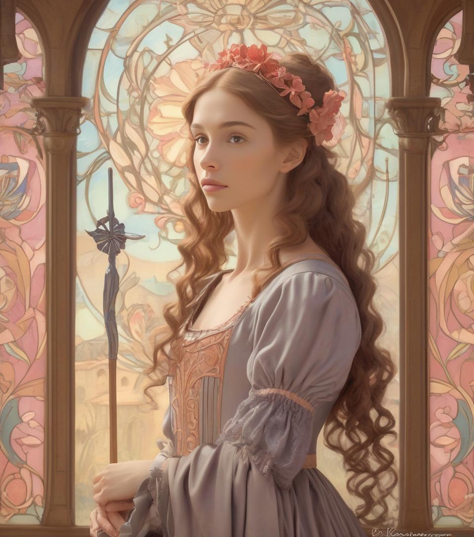  generate an art nouveau pastel painting of (((dulcinea))) as envisioned by don quixote, the love of his life. create a portrait that captures her timeless beauty, with soft natural lighting and a 85mm lens for a classic look. pay meticulous attention to detail, emphasizing the elegance of her attire and the enchantment in her eyes. render the scene with a high resolution to showcase her grace