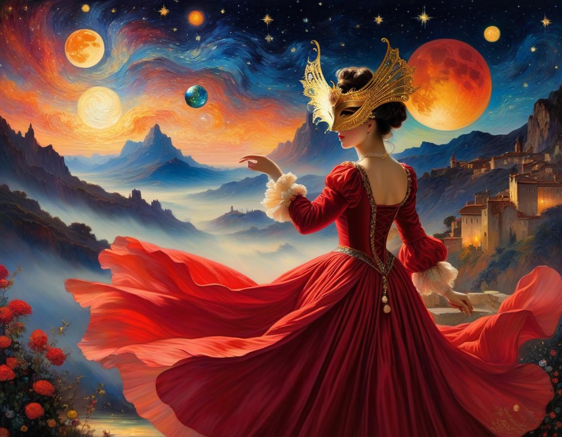  space themed (oil painting: 1.5, masterpiece: 1.7, digital art: 1.4).painting, ((man and woman dancing at a ball, dressed in renaissance style: 1.5),and wearing (venetian masquerade mask: 1.6)) (woman in a red velvet dress with embroidery). style: dark fantasy, surrealism, atmosphere full of secrets, magic and mysticism. in the manner of claude monet, van gogh, sabbas apteros, alfonso mucha, carol buck, andrew jones, yutaka kagai, fragonard. high detail. high quality 16k, hdr . cosmic, celestial, stars, galaxies, nebulas, planets, science fiction, highly detailed