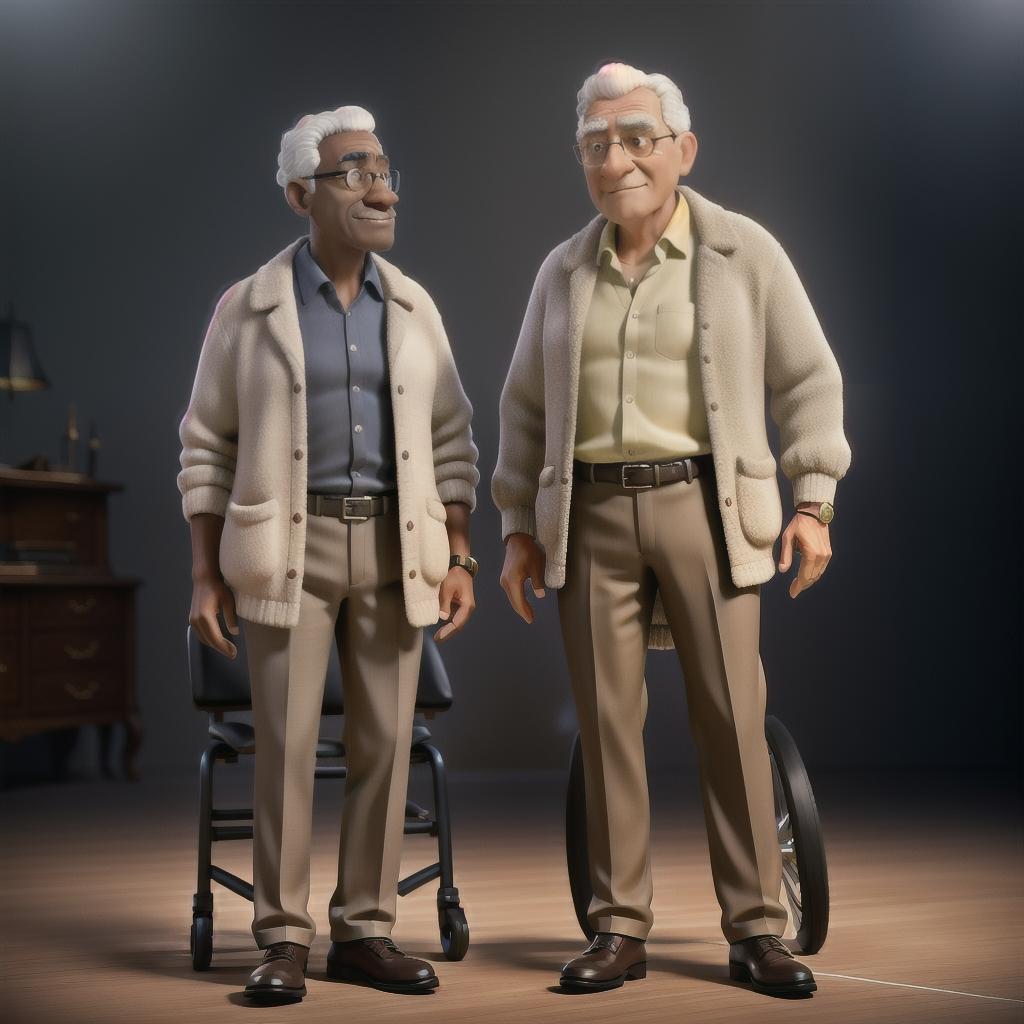  A young black man pushes a rich White old man in a wheelchair hyperrealistic, full body, detailed clothing, highly detailed, cinematic lighting, stunningly beautiful, intricate, sharp focus, f/1. 8, 85mm, (centered image composition), (professionally color graded), ((bright soft diffused light)), volumetric fog, trending on instagram, trending on tumblr, HDR 4K, 8K