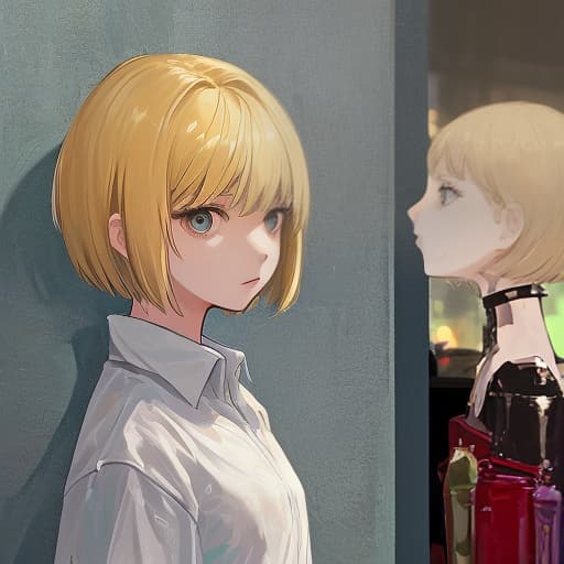  a girl with blonde hair and a short haircut